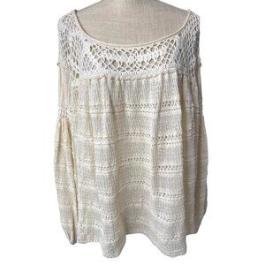 Free People Ivory Crochet Knit Boho Oversized Sweater Top Lightweight Openwork L